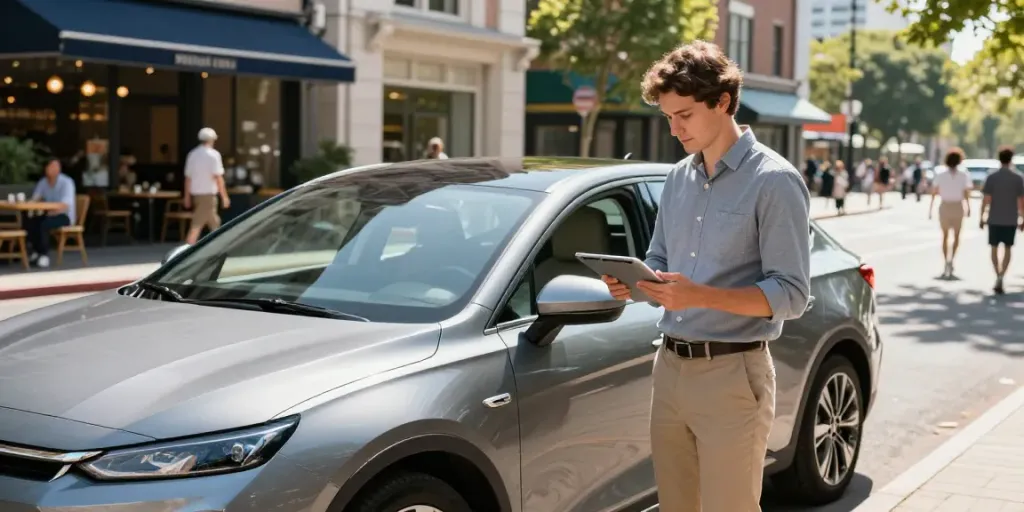 Noleggio lungo termine EMC: auto moderna in ambiente urbano con professionista esaminando opzioni di leasing.